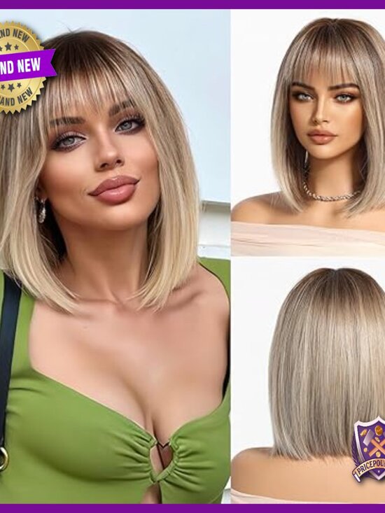 Short Straight Bob Human Hair Wig with Natural Bangs, Light Layers main image 3